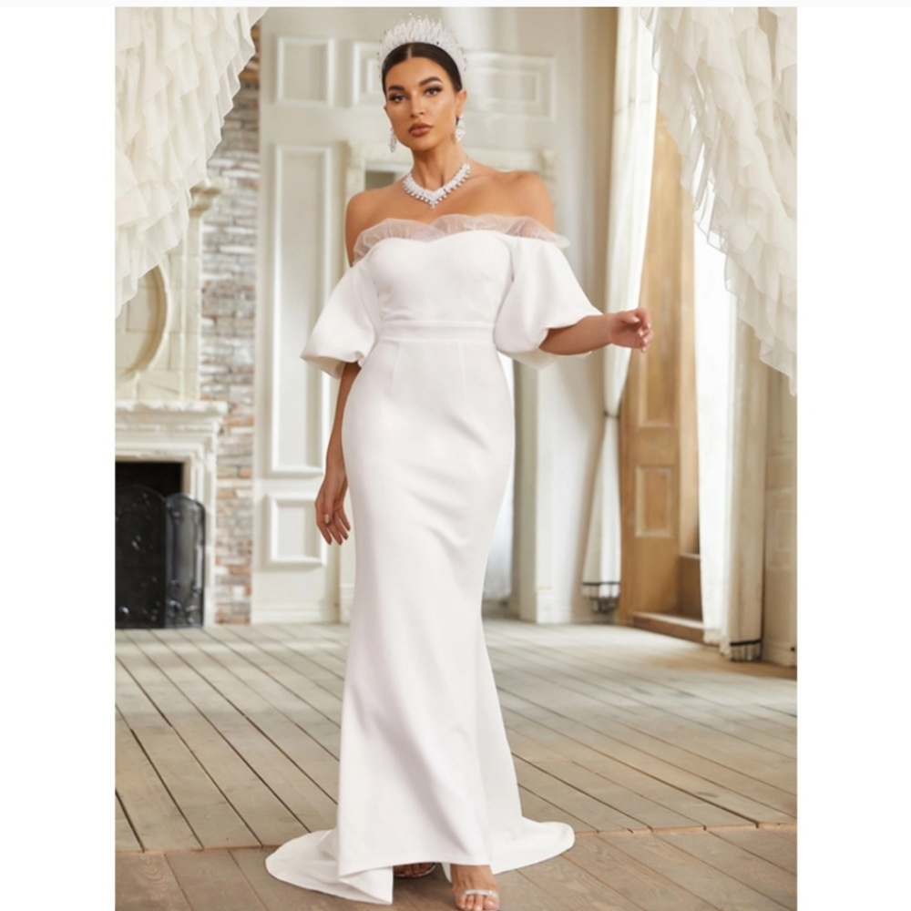Shein Off Shoulder Contrast Mesh Mermaid Hem Wedding Dress
